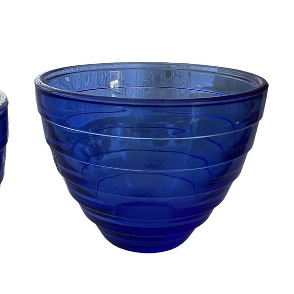 2 Hazel Atlas Cobalt Blue Glass Custard Dish Cups Bowls Ribbed Striped 3" - Picture 2 of 5